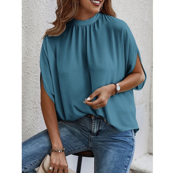 Teall Blue Blouse Top Flowy, High Neck - Picture 5 of 13